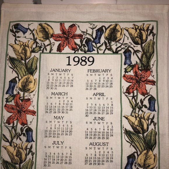 Vintage 1989 Calendar Floral Border Hanging Tea Towel - Picture 2 of 4